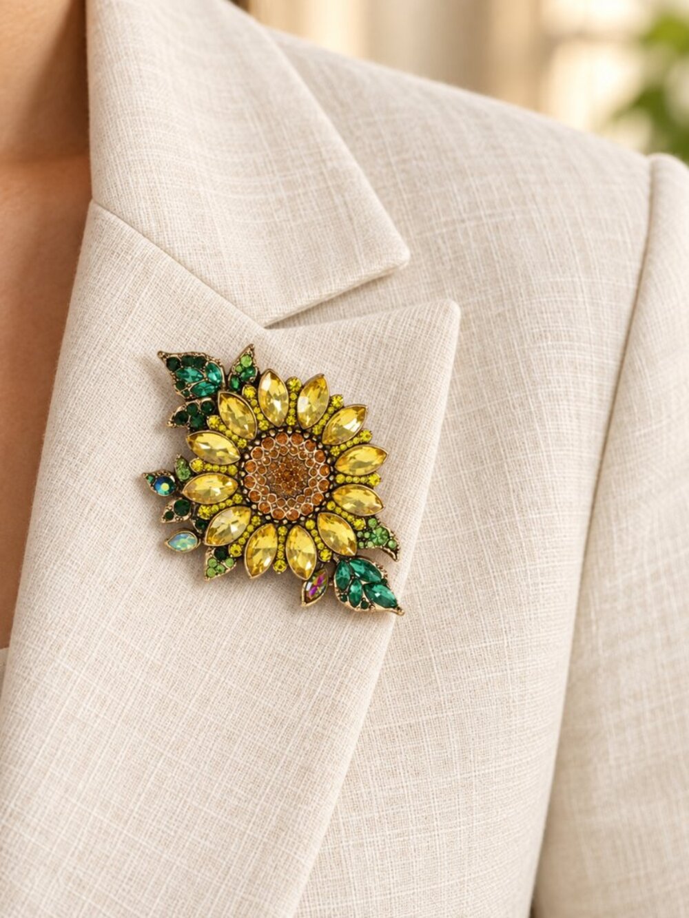 Yellow Rhinestone Sunflower Brooch with Green Leaves